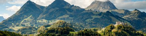 Die Separator Berglandschaft von Gruyeres in allen Grüntönen auf einem Panoramabild.