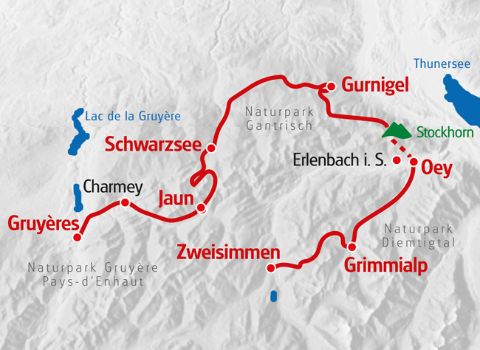 Die Wandertour Drei Pärke Tour von Eurotrek startet in Zweisimmen und führt nach Gruyères.