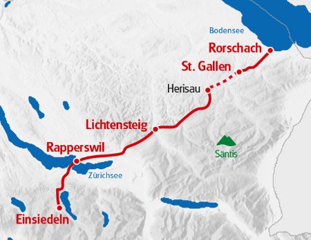 Via Jacobi Rorschach - Einsiedeln. Route in roter Farbe auf der Karte markiert.